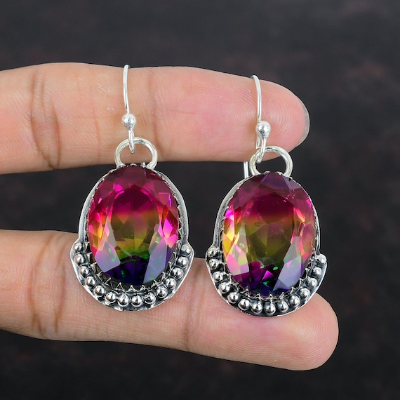 Faceted Multi Tourmaline Earrings: Handmade 925 Sterling Silver Dangle Jewelry
