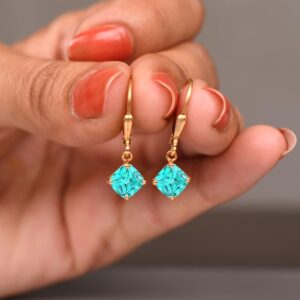 Handmade 14K Gold Leverback Earrings, Cushion Paraiba Blue Tourmaline