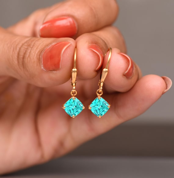 Handmade 14k Gold Leverback Earrings, Cushion Paraiba Blue Tourmaline