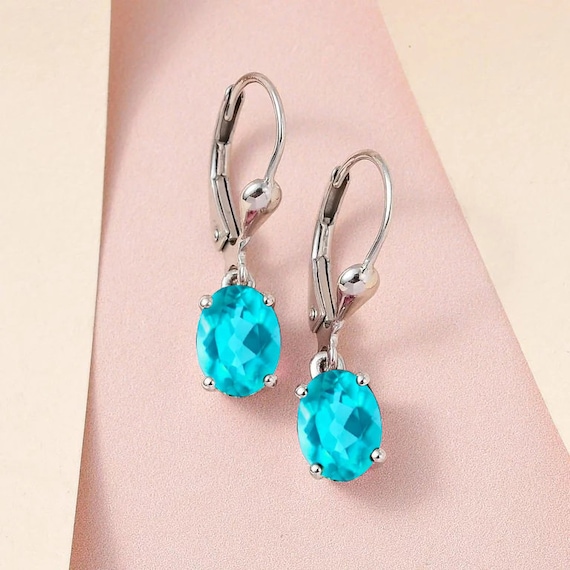 Handmade Art Deco Paraiba Blue Tourmaline 14k Gold Lever Back Earrings