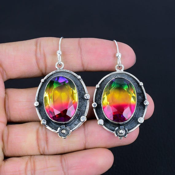 Handmade Faceted Multi Tourmaline Earrings: 925 Sterling Silver Dangle Jewelry