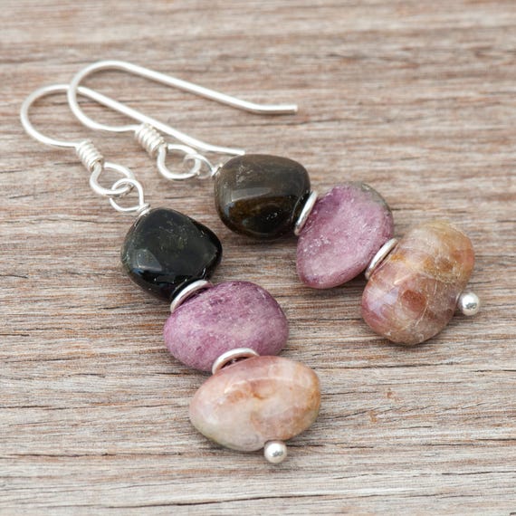 Mixed Color Tourmaline Earrings, Rustic Natural Stone Tourmaline, Black Pink Beige-green Dangles, Semi-precious Freeform Tourmaline Nuggets