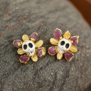 Natural Tourmaline Skull Earrings Skull Stud Earrings Horror Stud Earrings Wedding Earrings Handmade Jewelry Christam Earrings