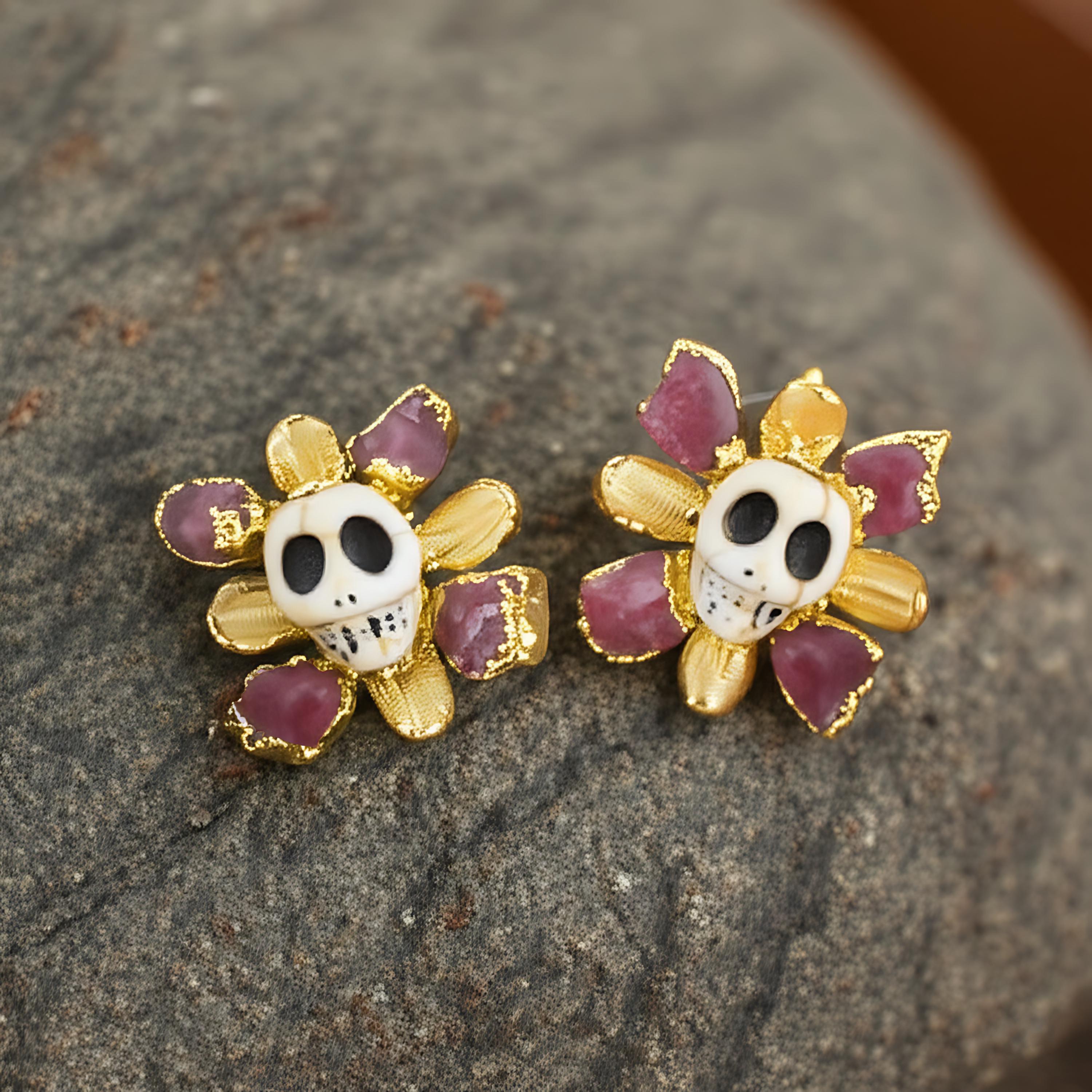 Natural Tourmaline Skull Earrings Skull Stud Earrings Horror Stud Earrings Wedding Earrings Handmade Jewelry Christam Earrings