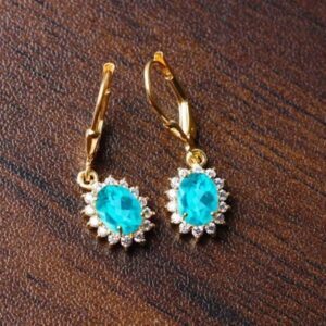 Oval Paraiba Tourmaline Earrings, Bridal Jewelry, Ice Blue Halo Dangle Earring Anniversary gifts