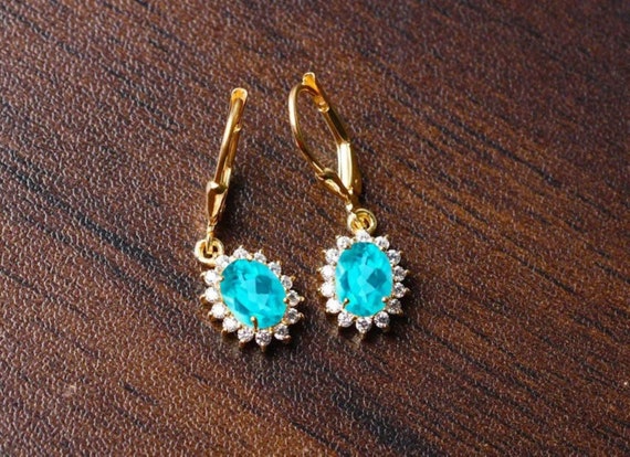 Oval Paraiba Tourmaline Earrings, Bridal Jewelry, Ice Blue Halo Dangle Earring Anniversary Gifts