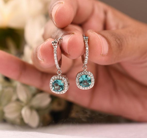 Paraiba Tourmaline Earrings, Cushion Cut, 14k Gold Or Sterling Silver