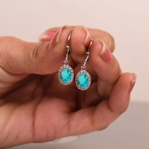 Paraiba Tourmaline Leverback Earrings: 14K Gold Halo, Fine Jewelry