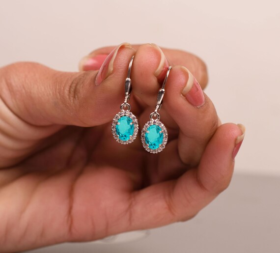 Paraiba Tourmaline Leverback Earrings: 14k Gold Halo, Fine Jewelry
