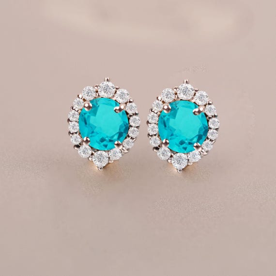 Paraiba Tourmaline Stud Earring- 14k Gold & Silver Halo Earing, Women's Stud, Bridal Wedding Gifts