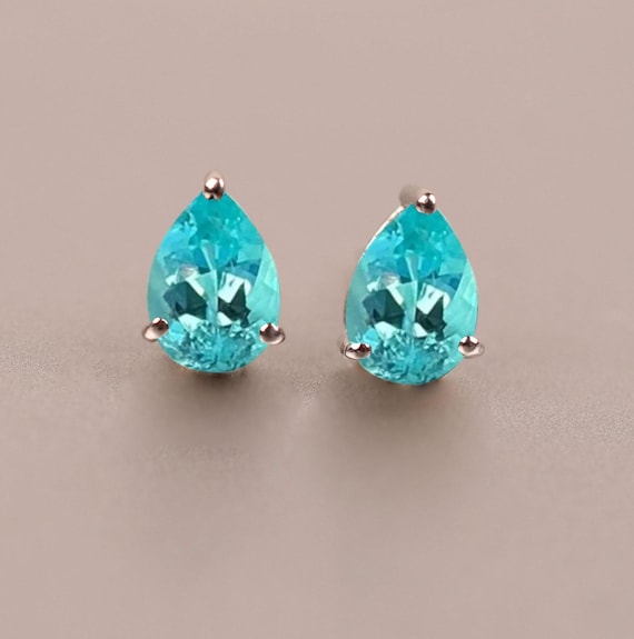 Pear Paraiba Tourmaline Earrings, 14k Gold Sterling Silver Studs Pear Paraiba Tourmaline Earrings, 14k Gold Sterling Silver Studs