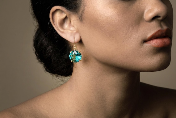 Round Cut Blue Tourmaline Earrings · Gold Dangle October Birthstone Earring