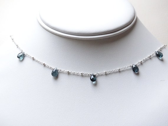 Aaa Blue Tourmaline Briolette Necklace, Sterling Silver Chain Aaa Blue Tourmaline Briolette Necklace, Sterling Silver Chain