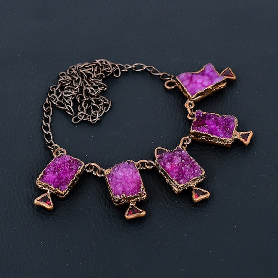 Electroformed Copper Pink Druzy Necklace With Tourmaline - 18 Inch