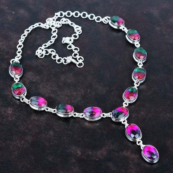 Faceted Multi Tourmaline Necklace: Handmade 925 Sterling Silver, Adjustable Chain