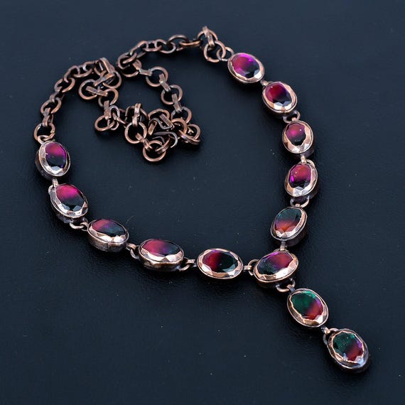 Handmade Electroformed Copper Necklace: Faceted Multi Tourmaline, Adjustable Chain Handmade Electroformed Copper Necklace: Faceted Multi Tourmaline, Adjustable Chain