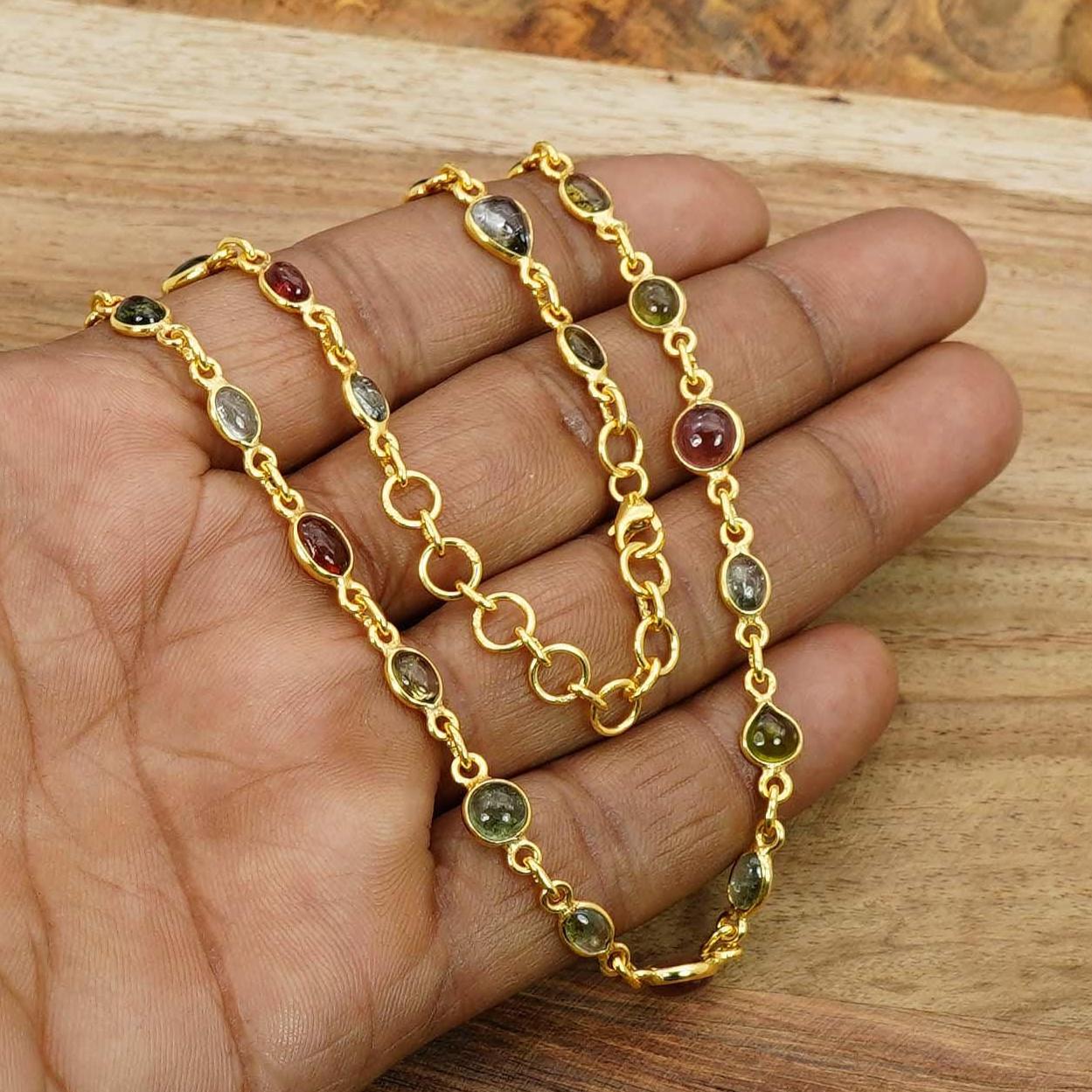 Multi Tourmaline 925 Sterling Silver & Gold Vermeil Necklace, Dainty Layering Necklace Multi Tourmaline 925 Sterling Silver & Gold Vermeil Necklace, Dainty Layering Necklace