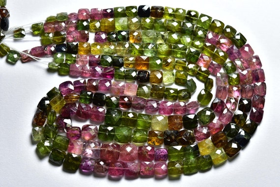 15 Inches - Natural Beautiful Faceted Multi Tourmaline Cushions Cross Drilled Briolette - Size Is 5-7.50mm #936