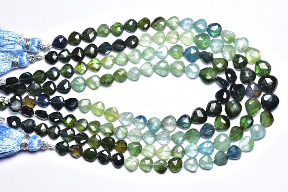 Bluish Greenish Tourmaline Heart Beads - 7.5 Inhes - Natural Faceted Tourmaline Multi Color Heart Briolettes - Size Is 5.5 - 6.5 Mm #2844