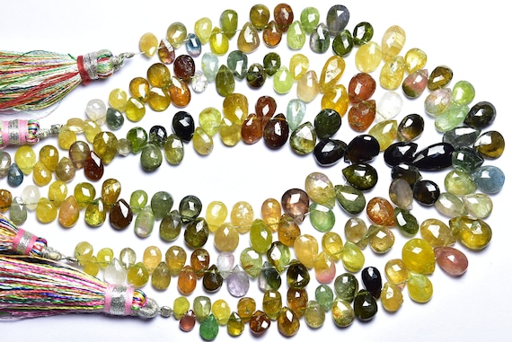 Tourmaline  Briolette Beads - 7 Inches - Natural Faceted Multi Tourmaline Pear Briolettes - Size Is 4x6-6x8 Mm #1777