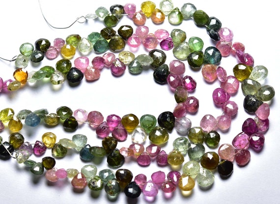 Tourmaline  Briolette Beads - 7 Inches - Natural Faceted Tourmaline Multi Color Heart Briolettes - Size Is 5-6.5 Mm #1269