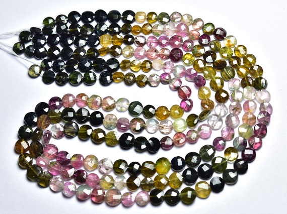 Multi Tourmaline Coin Beads - 14 Inches - Natural Beautiful Tourmaline Faceted Coin Briolettes - Size Is 4.5 - 6.5 Mm #1573
