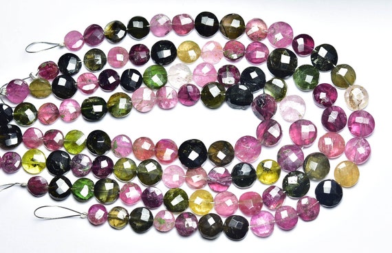 Multi Tourmaline Coin Beads -  7 Inches - Beautiful Natural Tourmaline Faceted Coin Briolettes - Size Is 6 - 7mm #2351