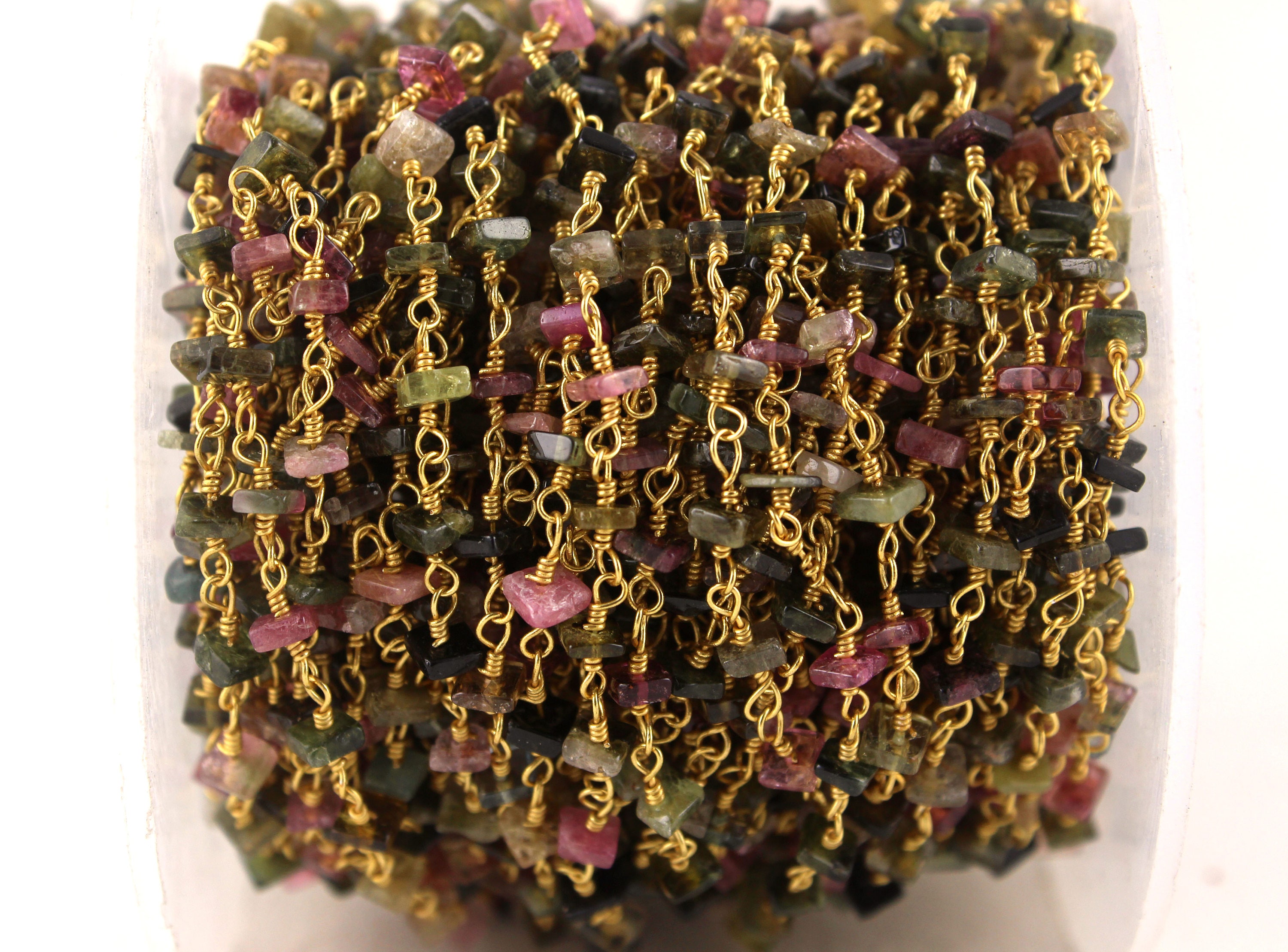 Multi Tourmaline Rosary Chain: Gold Plated Heishi Beads, Sold Per Foot Multi Tourmaline Rosary Chain: Gold Plated Heishi Beads, Sold Per Foot
