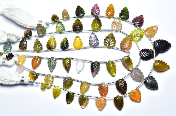 Superb Multi Tourmaline Carved Beads - 8 Inches - Natural Tourmaline Carving Leaves Beads - Size Is 6.5x9 - 9x13 Mm #731