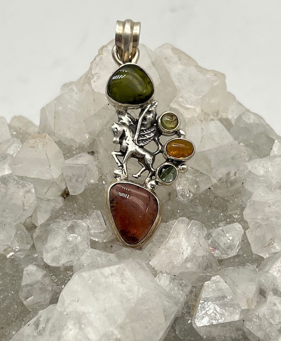 Abstract Pink, Green And Yellow Tourmaline Pegasus Pendant
