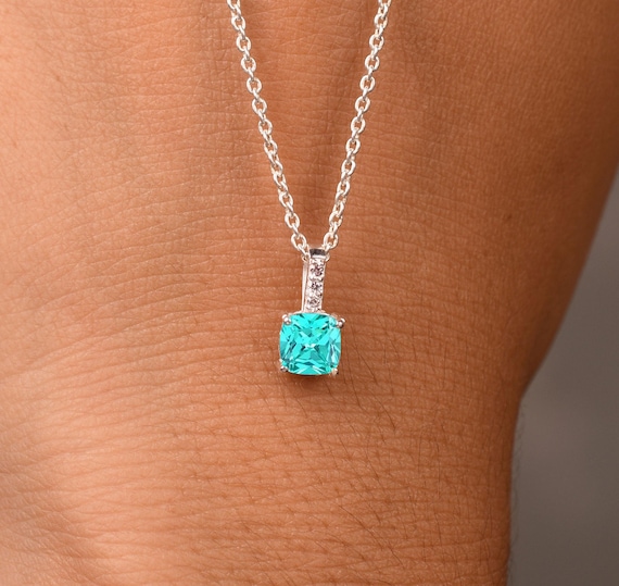 Cushion Paraiba Tourmaline Pendant – Neon Blue, Sterling Silver, Anniversary Gift