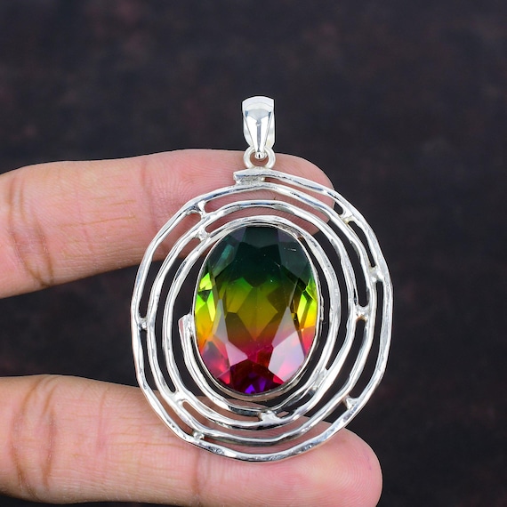 Faceted Multi Tourmaline 925 Sterling Silver Pendant - Handmade Antique Style