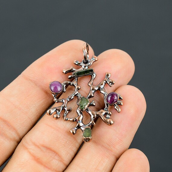 Handmade Copper Electroformed Multi Tourmaline Pendant