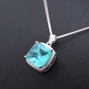 Large 10mm Paraiba Necklace - Sterling Silver Cushion Square 6 Ct Blue Paraiba Tourmaline Pendant #477