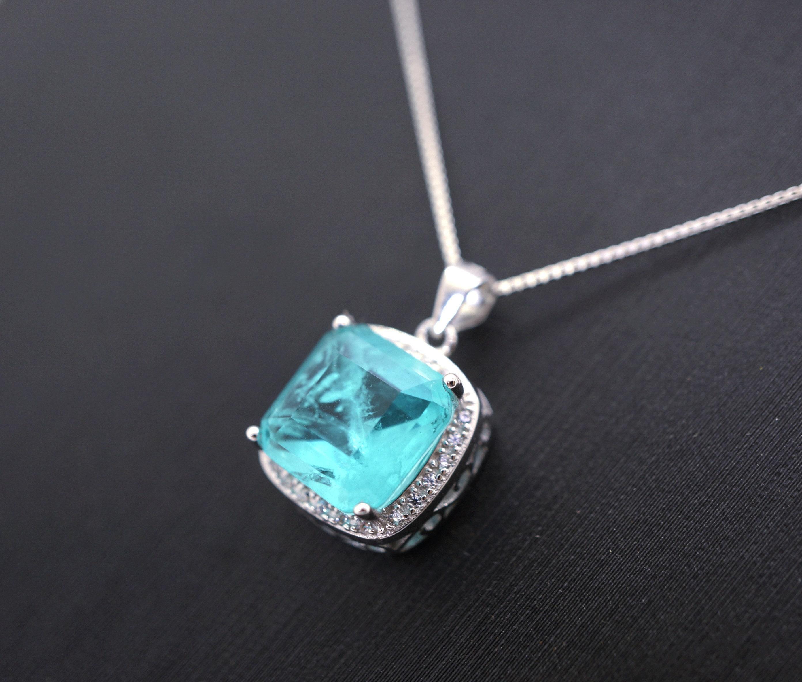 Large 10mm Paraiba Necklace - Sterling Silver Cushion Square 6 Ct Blue Paraiba Tourmaline Pendant #477