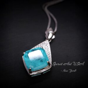 Rhombic Style Large Paraiba Necklace - Sterling Silver 18kgp - Gemstone Cushion Cut Paraiba Tourmaline Pendant - Blue Gemstone #397