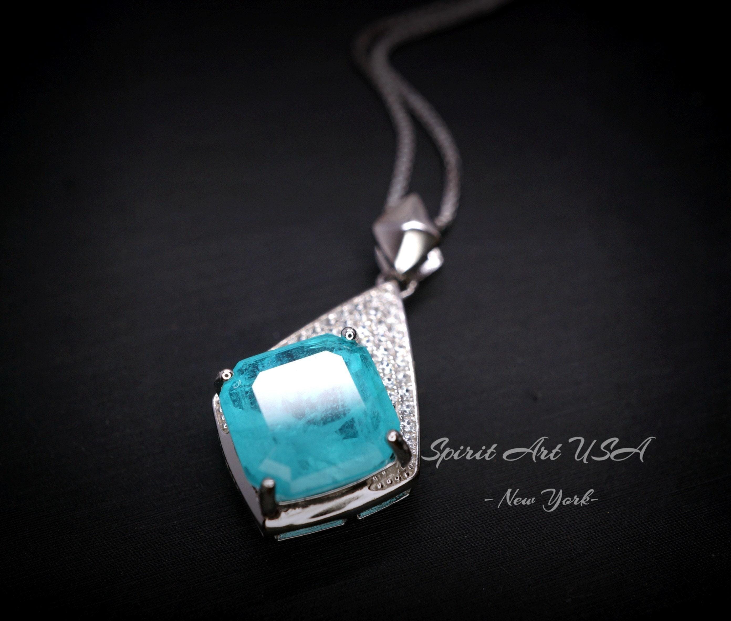Rhombic Style Large Paraiba Necklace - Sterling Silver 18kgp - Gemstone Cushion Cut Paraiba Tourmaline Pendant - Blue Gemstone #397