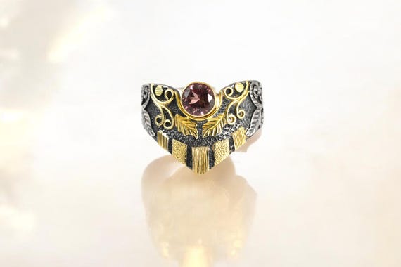 Floral Tourmaline Ring, 18k Gold Sterling Silver, Size 6