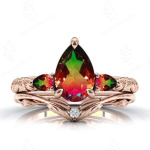 Multi Color Tourmaline Engagement Ring Set For Her Art Deco Multi Color Gemstone Ring Set 14k Gold Tourmaline Leaf Ring Set 2 Piece Ring Set Multi Color Tourmaline Engagement Ring Set For Her Art Deco Multi Color Gemstone Ring Set 14k Gold Tourmaline Leaf Ring Set 2 Piece Ring Set
