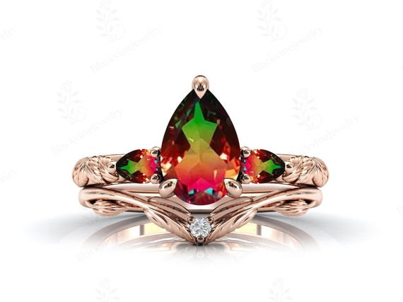 Multi Color Tourmaline Engagement Ring Set For Her Art Deco Multi Color Gemstone Ring Set 14k Gold Tourmaline Leaf Ring Set 2 Piece Ring Set