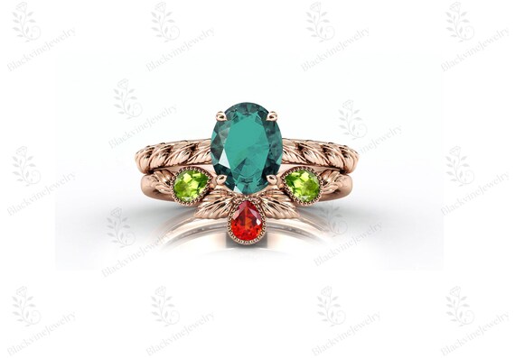 Nature Inspired Paraiba Tourmaline Ring Set For Women 14k Gold Statement Gemstone Ring Set Art Deco Leaf Design Bridal Ring Set Gift For Her