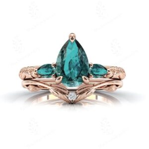 Paraiba Tourmaline Engagement Ring Set For Women 14k Gold Paraiba Tourmaline Leaf Ring Set Art Deco Nature Inspired Ring Set Gift For Women Paraiba Tourmaline Engagement Ring Set For Women 14k Gold Paraiba Tourmaline Leaf Ring Set Art Deco Nature Inspired Ring Set Gift For Women