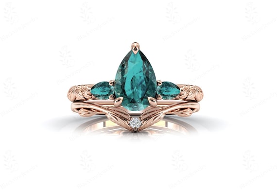 Paraiba Tourmaline Engagement Ring Set For Women Art Deco Tourmaline Gemstone Ring Set 14k Gold Paraiba Tourmaline Leaf Ring Set For Her