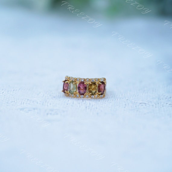 Real Natural Tourmaline Ring, Dainty Gold Band, October Birthstone