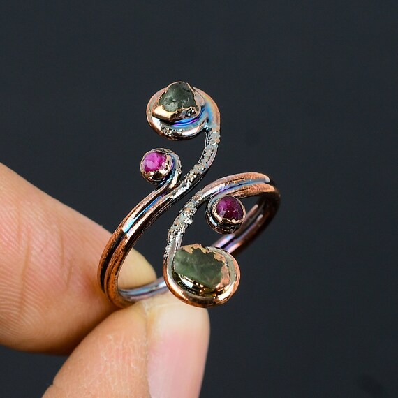 Rough Tourmaline Copper Ring, Handmade Adjustable Gemstone Jewelry
