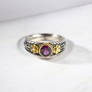 Tourmaline Sterling Silver Floral Ring, 18k Gold Accent, Size 6.5