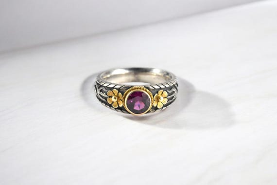 Tourmaline Sterling Silver Floral Ring, 18k Gold Accent, Size 6.5