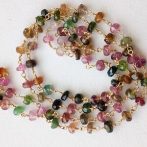 4-4.5mm Multi Tourmaline Wire Wrapped Faceted Rondelle, Rosary Style Beaded Chain 925 Silver With Gold Polish (1feet To 5feet Options)
