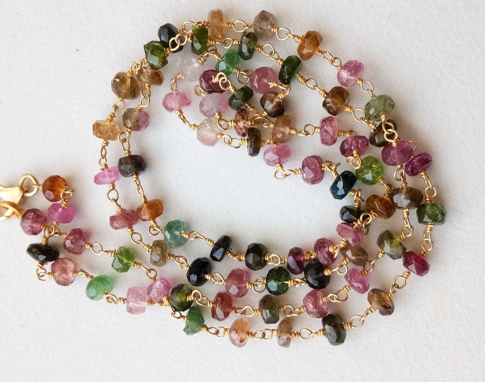 4-4.5mm Multi Tourmaline Wire Wrapped Faceted Rondelle, Rosary Style Beaded Chain 925 Silver With Gold Polish  (1feet To 5feet Options)