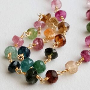 4-4.5mm Multi Tourmaline Wire Wrapped Faceted Rondelle Beads, Beaded Chain, Rosary Style Chain, 925 Silver Gold Polish (1ft To 10ft Option)